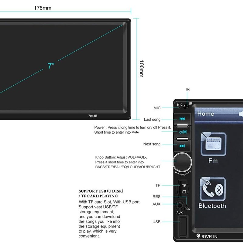 Camecho Car Radio Double Din Car Stereo 7" LCD Touch