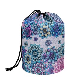 Poceacles Bohemian Flower Blue Violet Drawstring Cosmetic Bag for Women, Foldable Travel Toiletry Bucket Bag Pouch Accessories Organizer Portable Makeup Case