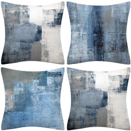 QUALKNOY Set of 4 Cushion Covers 18"x18" Blue and Grey Dense Linen Modern Abstract Art Decorative Throw Pillow cases 45 x 45cm for Living Room Garden Outdoor Decor Pillowcases