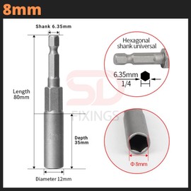 6-19mm Quick-Change 1/4 inch Hex Shank Metric Deep Socket Screwdriver Impact Nut Setter Extractor Remover Driver Drill Bit, 80mm Length, for Electric Manual Impact Screwdriver (1, 8mm)