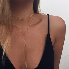 Wendalern Layered Satellite Choker Necklace Boho Bra Chain Body Chain Gold Y Lariat Necklace Long Tassel Chest Chain Beach Bikini Body Chain Jewellery for Women and Girls