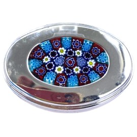 Pillendose aus Metall mit venezianischem Murrine, blau und rot, dekorativ, oval