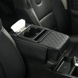 Multifunctional PU Leather Car Armrest Box Mat, Multifunctional Car Armrest Cushion, 5-in-1 Center Console Cover Cushion with 2 Storage Bags Cup Holder, Tissue Box Slots for Most Cars (Black)