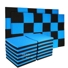 Burdurry 50 Pack Acoustic Panels Soundproof Studio Foam for Walls Sound Absorbing Panels Sound Insulation Panels Wedge for Home Studio Ceiling, 1" X 12" X 12" (Black&Blue)