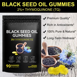 Black Seed Oil Gummies,Contains 500mg of Cold-Pressed Black Seed Oil,Promotes Digestion | Gluten Free | Non-GMO | Pectin Base,Hair Strength & Skin Hydration,90 Gummies
