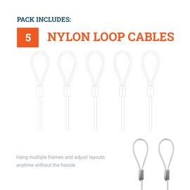 Loop Hanging Nylon Cables 2mm Diameter 72-inch - Supports 25 lbs - 5 Pack - Strong Nylon Wire for Picture Rail Hanging System