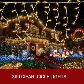 new one 2 Pack Icicle Christmas Lights for Outside Warm White 17.67FT 300 Incandescent, Connectable String Lights with White Wire, 54 Drops, Holiday Party Incandes Icicle Lights