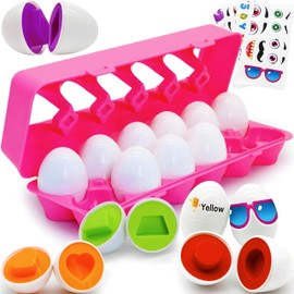 MOONTOY Matching Eggs 12pcs Set, Color Shape Sorter Toy Montessori Preschool Toddler Learning Toys Educational Toys for 12 Month 1 2 3 Year Old Baby Girl Gifts, Kid Travel STEM Puzzle Fine Motor Skill