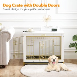 HOOBRO Dog Crate Furniture, 32.5" Medium Dog Kennel Indoor, Wooden Cage with Pull-Out Tray, Double Doors Pet House Side End Table for Medium/Small Dogs, White DW802GW03