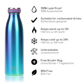 Milu Stainless Steel Drinking Bottle 350 ml, 500 ml, 750 ml, 1 L, 1.5 L - Thermos Flask for Children Adults Leak-Proof Insulated Flask Suitable for Carbonated Drinks - Includes Cleaning Brush (Aurora