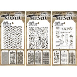 Tim Holtz - Nine Mini Layering Stencils - Herringbone, Countdown, Blocks, Scribbles, Burlap, Argyle, Arrows, Traveler and Treads - aka sets 13, 14 & 15