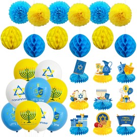 Happy Hanukkah Party Decorations Set - Chanukah Hanging Paper Pom Poms Flowers Paper Honeycomb Balls - Hanukkah Party Balloons Party Supplies - Hanukkah Honeycomb Centerpieces Desk Topper Decors