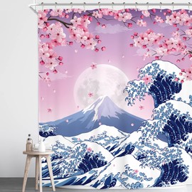Homewelle Fuji Japanese Asia Ocean Wave Cherry Blossom Shower Curtain for Bathroom 60Wx72H Inch Pink Purple Mountain Sea Moon Spring Floral Flowers Waterproof Polyester Fabric Bathroom Bathtub