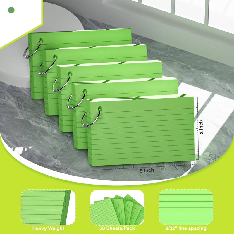 250 Count Green Index Cards with Ring 3 x 5