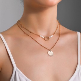 Allereyae Vintage Layered Coin Disc Necklace Matter Coin Pendant Necklace Gold Pearl Necklace Gold Ball Chain Choker Necklace Jewelry for Women