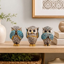 3-Piece Resin Owl Figurine Set – See Hear Speak No Evil Mini Owl Statues, Decorative Shelf & Desk Accents