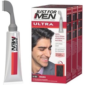 Just For Men Ultra, Tinte para Canas Negro U55 con Cepillo de Fácil Aplicación, 35g. Paquete de 3