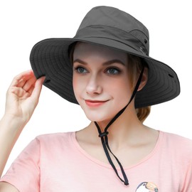 Muryobao Womens Outdoor Sun Hat Ponytail UV Protection Wide Brim Mesh Foldable Safari Beach Fishing Bucket Cap 2 Pack Pink & Grey