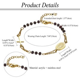 Flongo Catholic Rosary Bracelet for Women: Religious Bracelet with Cross Pendant Black Gold Beads Virgin Mary Chain Stainless Steel Prayer Faith Protection Bangle Virgin Mary, Acrylic Stainless Steel