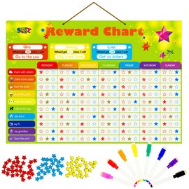 Magnetic Reward Behavior Star Chore Chart for One or Multiple Kids, Includes 8 Markers + 60 Foam Backing Illustrated Chores + 300 Stars in Red, Yellow, Blue. X- Large 17X12 inch. Hanging Loop READY!