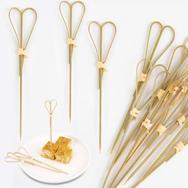 100PCS Bamboo Cocktail Picks,Heart Shape Bamboo Skewers for Appetizers, Cocktail Toothpicks Bamboo Picks, Handmade Knot Bamboo Toothpicks Cocktail Skewers,BBQ Accessories,Fruit Picks Sticks(4.7 Inch)