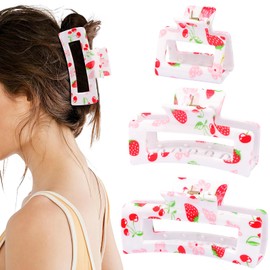 3pcs Square Strawberry Print Hair Clips, Hapdoo Pink Fruit Hair Clips Strawberry Hair Accessories, Fun Hair Decorative Claw Clip for Women Girls