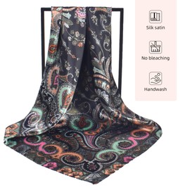 EIysee 35 x 35 Women's Fashion Pattern Large Square Silk Like Hair Scarf Head Sleeping Wrap Satin Neck Bandana for Gift… (Black-Buddha cashew nut)