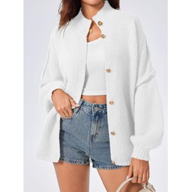 Saodimallsu Womens Oversized Cardigans Long Lantern Sleeve Button Down Chunky Knit Loose Fall Sweater Coats White