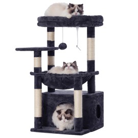 Heybly Cat Tree, Kitten Tower with Large Soft Cat Basket, Cat Condo with Spacious Cat Bed Cave with Hidden Space, Sisal-Covered Scratching Posts, Dangling Ball for Indoor Cats, Smoky Gray HCT008SG