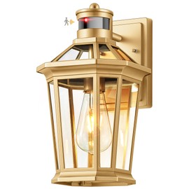 VIANIS Gold Outdoor Wall Lights with Motion Sensor, Dusk to Dawn Outside Porch Lights Lantern, Waterproof Weather Resistant Exterior Lights for House, Doorway, Garden, Home with Clear Glass Shade