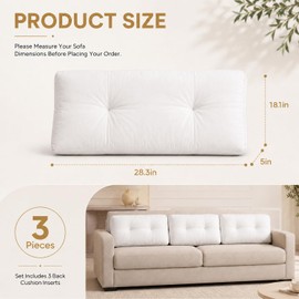 3 Packs Sofa Back Cushion Replacement, 3D Polyester Fiber Filled Couch Back Cushions, Fluffy Back Pillow Insert, Lumbar Support Pillow for Couch Bed Floor(3, 28.35 * 18.11IN)