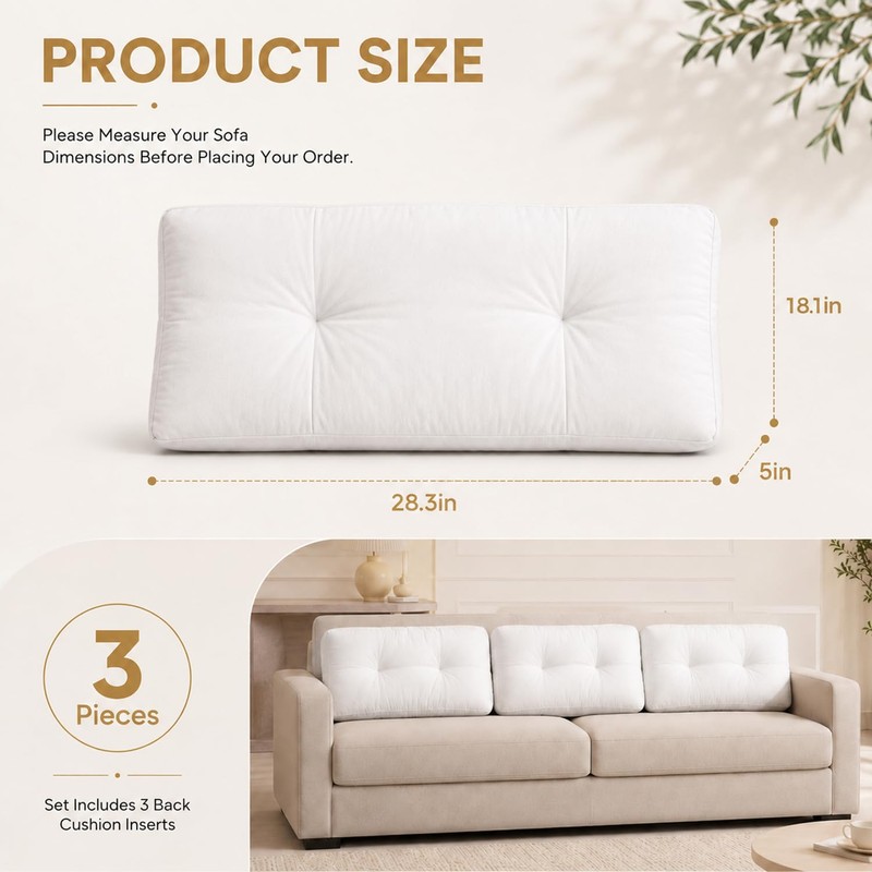 3 Packs Sofa Back Cushion Replacement, 3D Polyester Fiber Filled