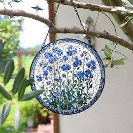 LITIVY Forget-Me-Not Flower Stained Glass Suncatcher, 7.8 Inch Handmade Blue Floral Window Hanging Decor - Garden, Sun Catcher Home Decor for Women, Mom, Aunt, Grandma