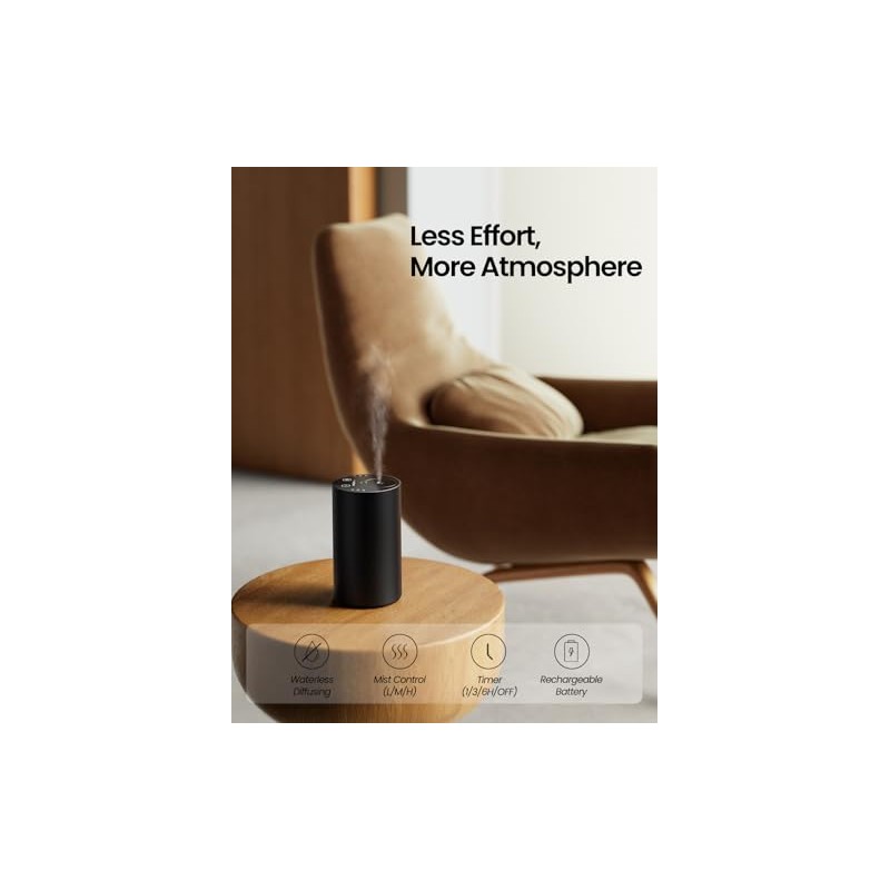Waterless Essential Oil Diffuser, Rechargeable Scent Diffusers with 3 Mist