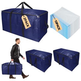 Extra Large Storage Bags Set Heavy Duty Moving Totes With Backpack Straps – Strong Handles & Zippers, (Blue, 12 Park-2 Moving bag & 10 Vacuum Seal Bags)