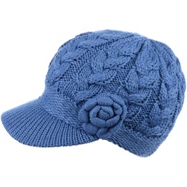 Womens Winter Elegant Cable Flower Knitted Newsboy Cabbie Cap Beret Beanie Hat with Visor, Warm Plush Fleece Lined
