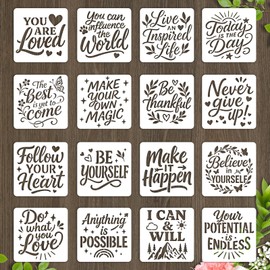 beinkmake 16Pcs Motivational Quotes Stencil for Painting PET Templates Positive Inlay Border Stencils for Furniture Reusable DIY Craft Wall Wood Fabric Canvas Paper Home Decor