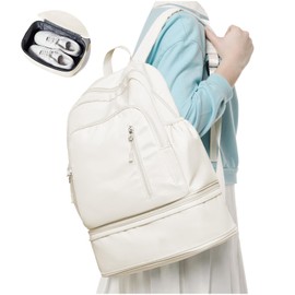 wassdins Gym Backpack Womens with Shoe Compartment, Foldable Travel Backpack Waterproof School Bags for Girls, Wet Pocket Carry On Backpack Lightweight Small Rucksack for Sports, Yoga - Beige