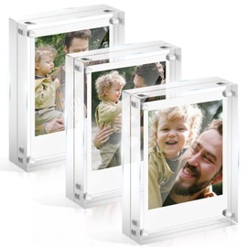 JUOIFIP 3 Pack Magnet Acrylic Polaroid Picture Frame, 10+10 mm Thick Block, 2.5x3.5 Inch Freestanding Clear Mini Frames for Instant Photos, Wallet Size Magnetic Instax Frame for Tabletop Display