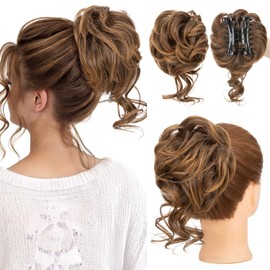 S-noilite Claw Clip Messy Bun Hair Pieces Tousled Updo Fake Hair Bun Chignon Wavy Curly Messy Bun with Clip Hair Extensions Scrunchie Clip on Bun Ponytail Hairpieces for Women(6T27)