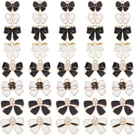 SUNNYCLUE 1 Box 48pcs Valentine Bow Charms Black And White Bow Charms Enamel Small Metal Cute Bowknot Tie Charm With Plastic Pearl For Jewellery Making Bracelet Necklace Earrings Women Supplies Crafts