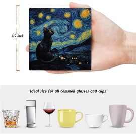 Drink Coasters for Drinks Set of 6, Art and Black Cat Absorbent Square Ceramic Stone Mat Coaster, with Cork Base and Metal Holder, Home Bar Decor House Warming Gift