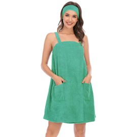 Veseacky Women Bath Wrap Towel for Shower with Pocket Adjustable Robe & Facial Headband S-3XL, Green, X-Large