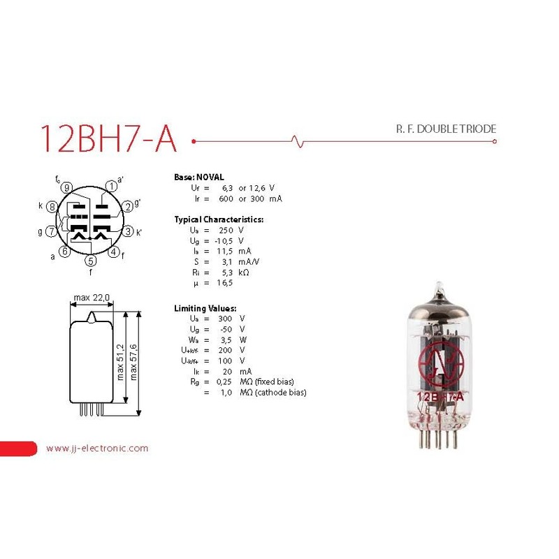 JJ 12BH7-A Miniature/mT Double 3 Pole Tube