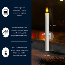 UniEasy 6Pcs Rechargeable Window Flameless Taper Candles with Remote Control and Suction Cups, White LED Flickering Battery Operated Candles with Timers for Home,Wedding,Christmas Decor (0.87" x9.2")