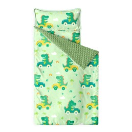 Wake In Cloud - Toddler Nap Mat with Pillow and Minky Fleece Blanket, for Kids Boys in Daycare Preschool Kindergarten, Roll Up Sleeping Bag, Cute Dinosaur Driving Cars, Light Green, Standard