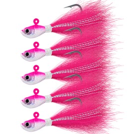 Alwonder 5-Pack Bucktail Jigs Hair Jigs Saltwater Freshwater Fishing Bucktail Lures Surf Fishing Jig Heads Swimbait Jig for Bass Flounder Striper Bluefish Halibut Redfish, Pink 1oz