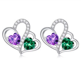 Iefil Valentines Day Earrings - Amethyst Earrings, Emerald Earrings, February May Birthstone Earrings, 925 Sterling Silver Heart Earrings, Birthday Gifts for Women, Jewelry Gifts for Her