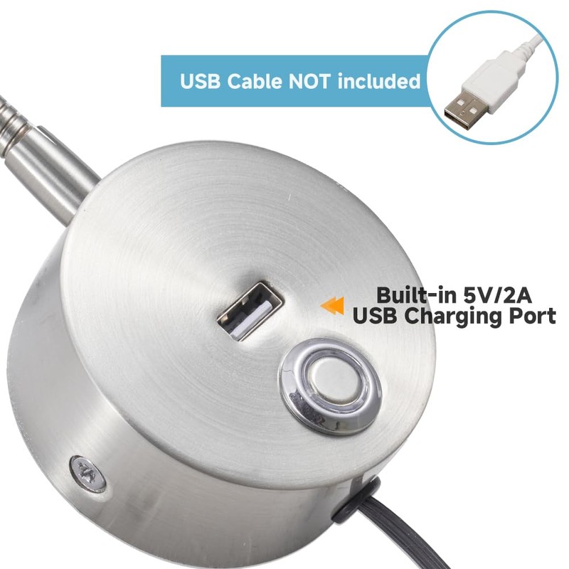 Dimmable Wall Mounted Reading Light with USB Charging Port, Plug-in