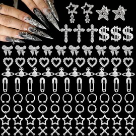 YAEISM 120PCS Silver Nail Charms 3D Punk Nail Charms Sparkly Dangle Star Nail Charms Shiny Cross Dollar Charms Alloy Bow Nail Charms for Nail Art and DIY Crafts Decoration